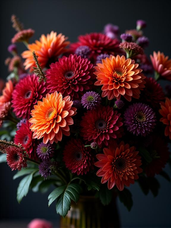 A rich bouquet with deep reds, oranges, and purples, featuring dahlias and chrysanthemums, evoking an autumn evening.