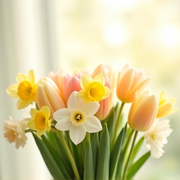 A bright and airy bouquet with delicate tulips, cheerful daffodils, and soft pastel-colored blossoms, signifying the arrival of spring.