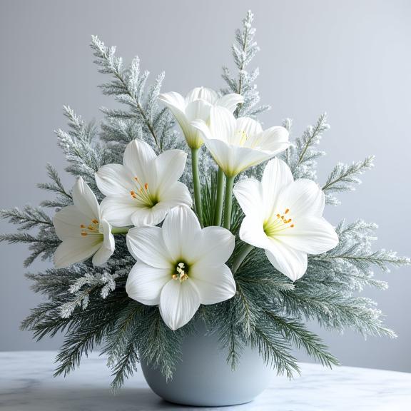 An elegant white and silver arrangement with majestic amaryllis, fragrant pine branches, and shimmering silver brunia, perfect for the winter season.