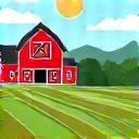 Illustration of a local farm with fields and a barn, emphasizing local produce.