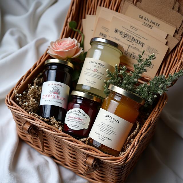 A curated gift basket containing local jams, a scented candle, antique sheet music, and a small, delicate floral posy.