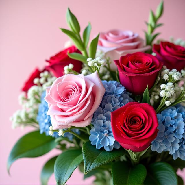 Close-up of a custom, vibrant floral bouquet with roses, hydrangeas, and greenery.